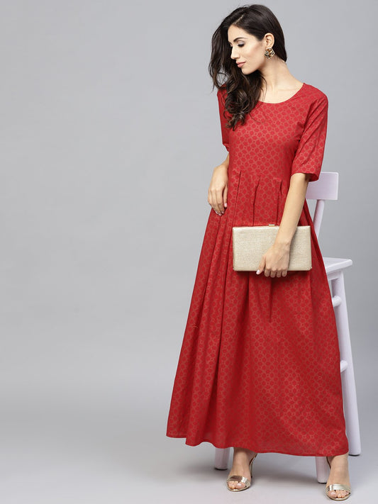 Maroon Printed Maxi Dress With Round Neck And Half Sleeves | LASVINI - Redefining Indian Fashion with Elegance