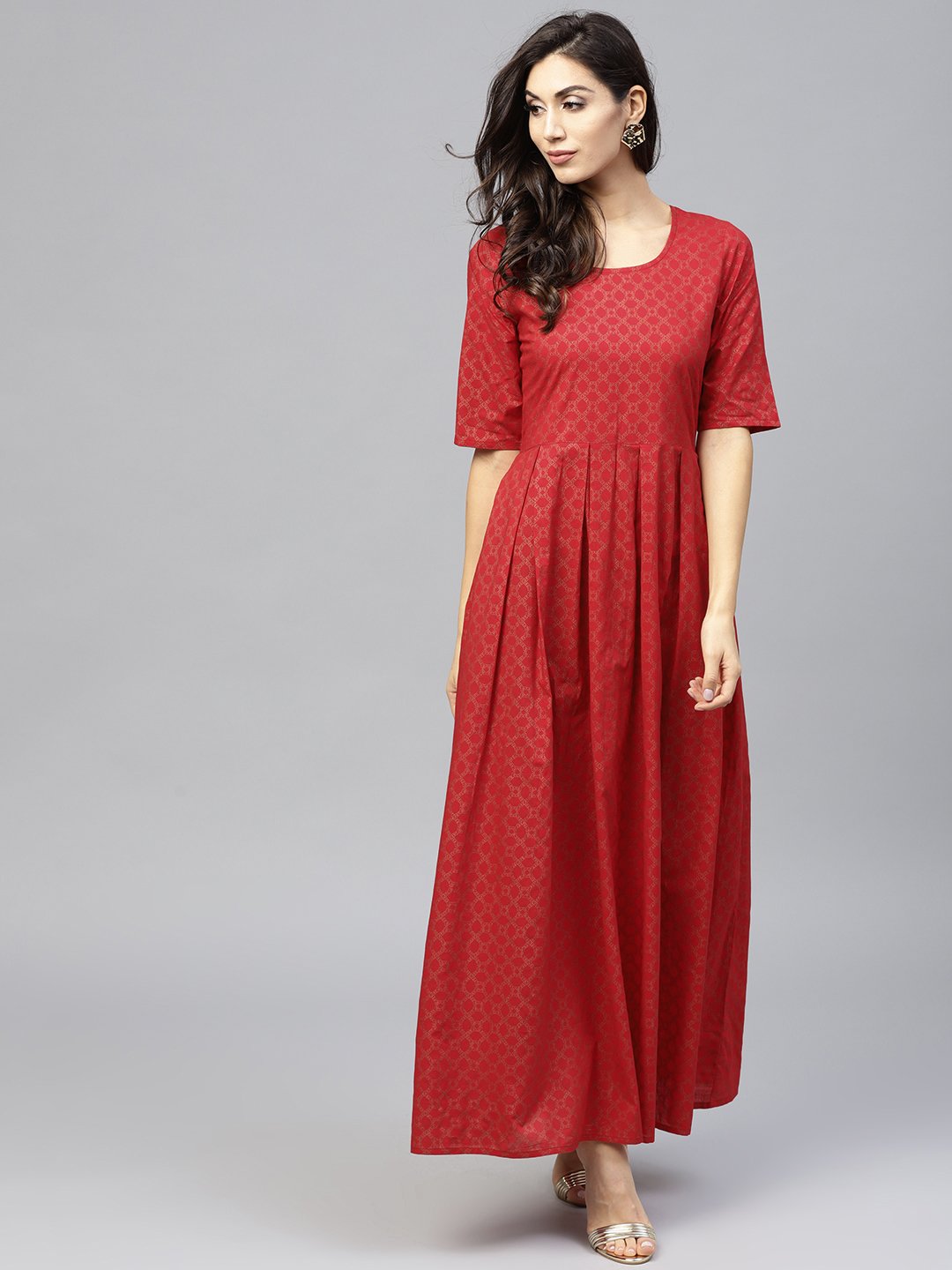 Maroon Printed Maxi Dress With Round Neck And Half Sleeves | LASVINI - Redefining Indian Fashion with Elegance