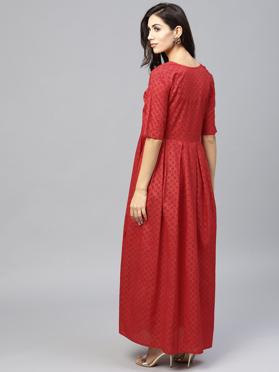 Maroon Printed Maxi Dress With Round Neck And Half Sleeves | LASVINI - Redefining Indian Fashion with Elegance