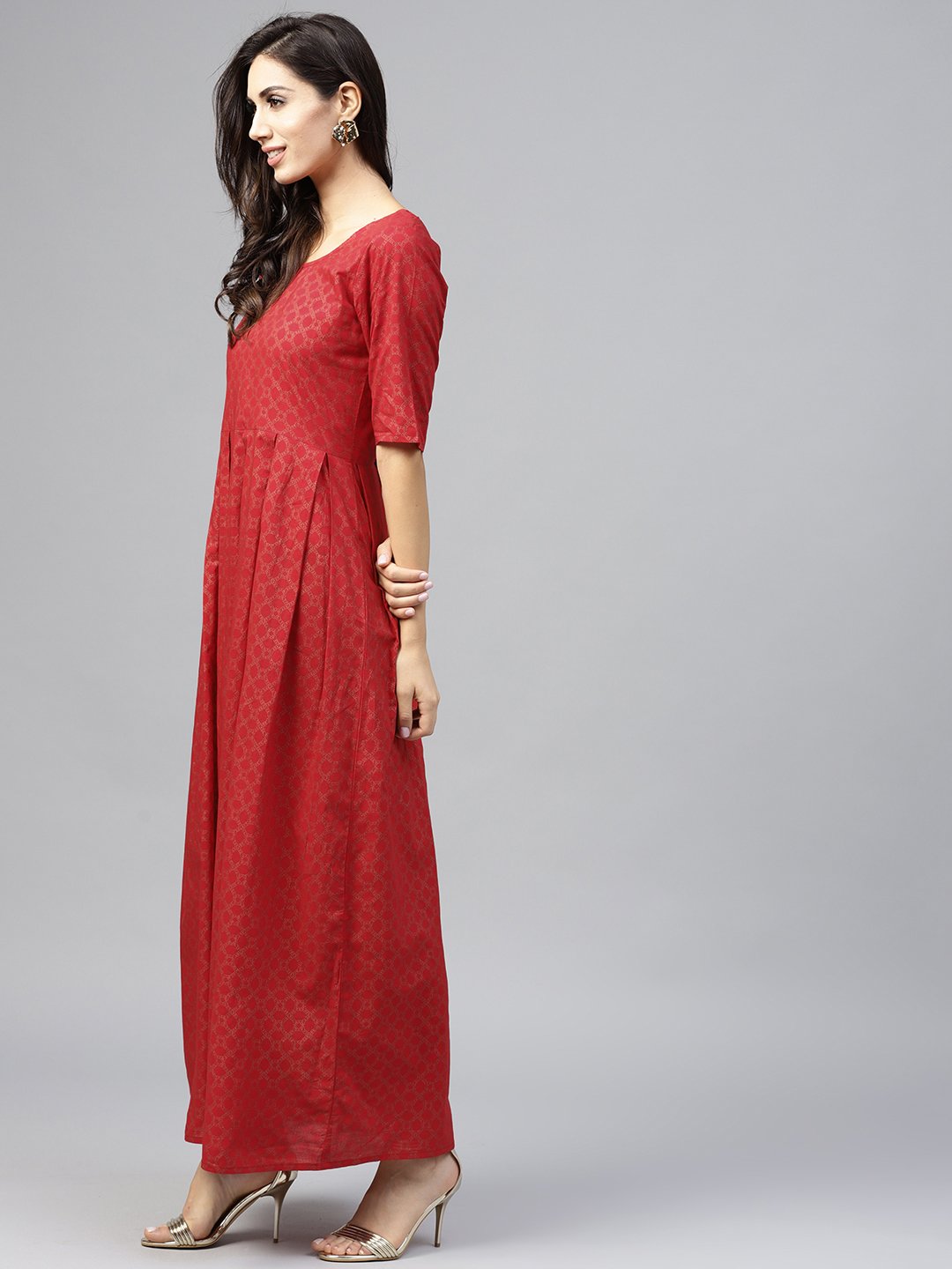 Maroon Printed Maxi Dress With Round Neck And Half Sleeves | LASVINI - Redefining Indian Fashion with Elegance