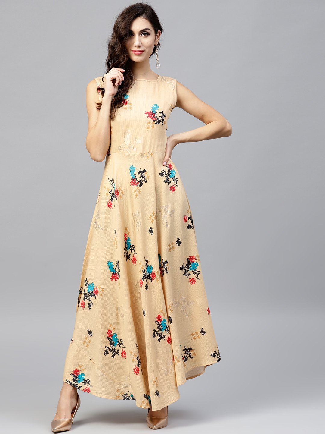 Sleeveless Pale Yellow Maxi Dress  With Round Neck | LASVINI - Redefining Indian Fashion with Elegance