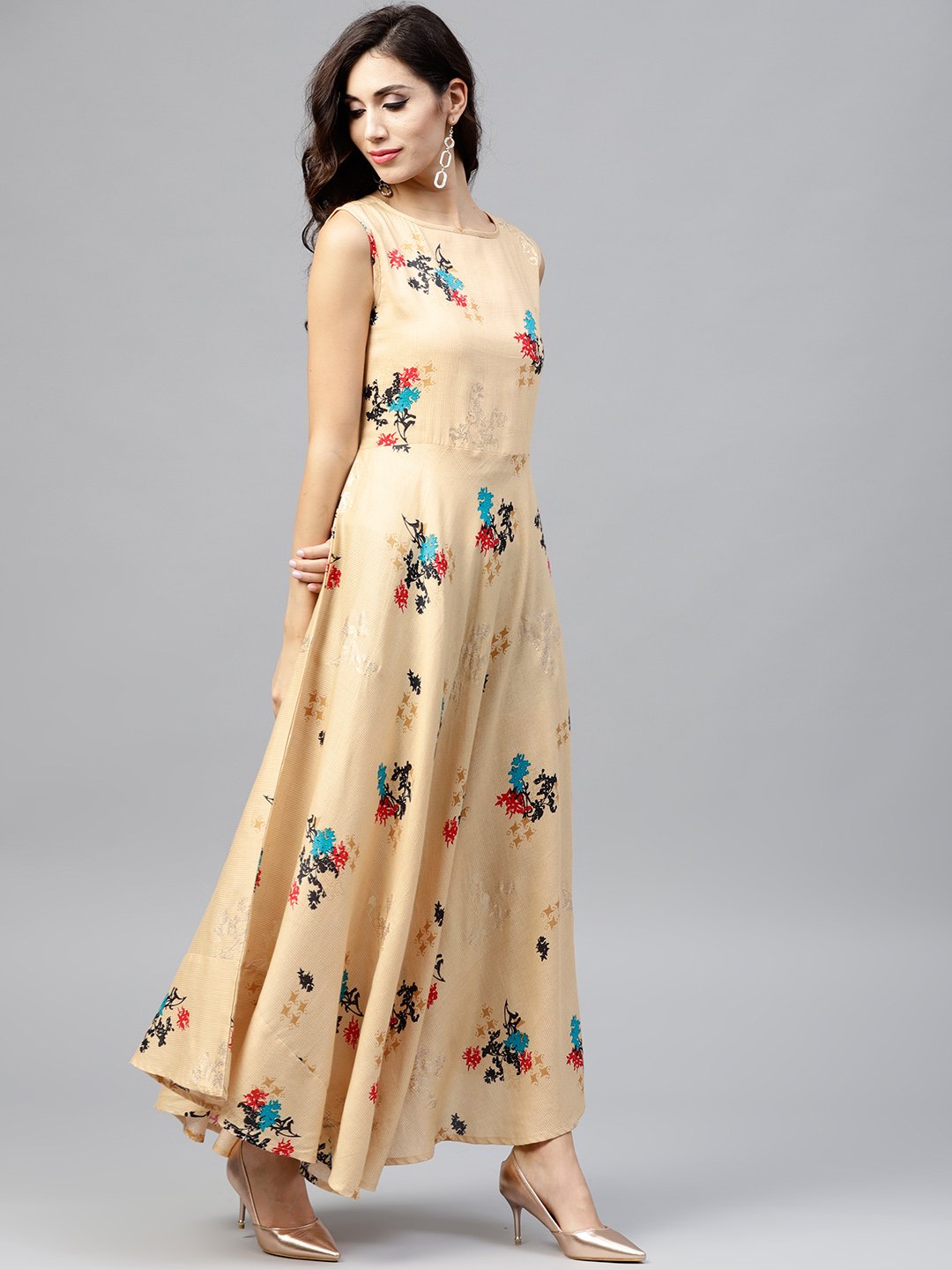 Sleeveless Pale Yellow Maxi Dress  With Round Neck | LASVINI - Redefining Indian Fashion with Elegance