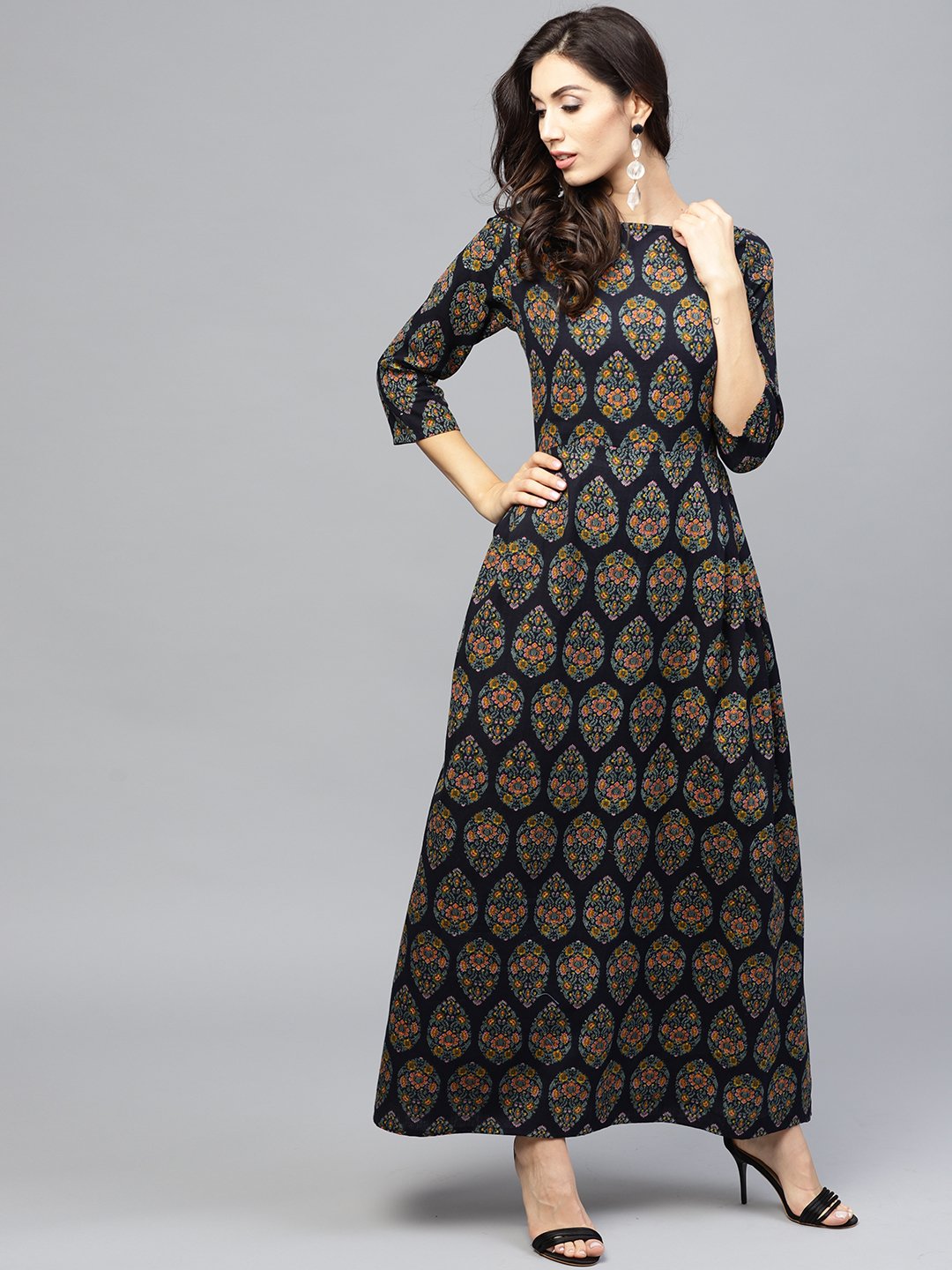 Multi Coloured Maxi Dress With Round Neck And 3/4 Sleeves | LASVINI - Redefining Indian Fashion with Elegance