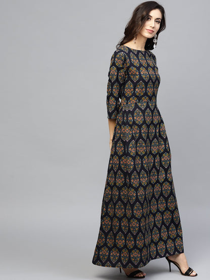 Multi Coloured Maxi Dress With Round Neck And 3/4 Sleeves | LASVINI - Redefining Indian Fashion with Elegance