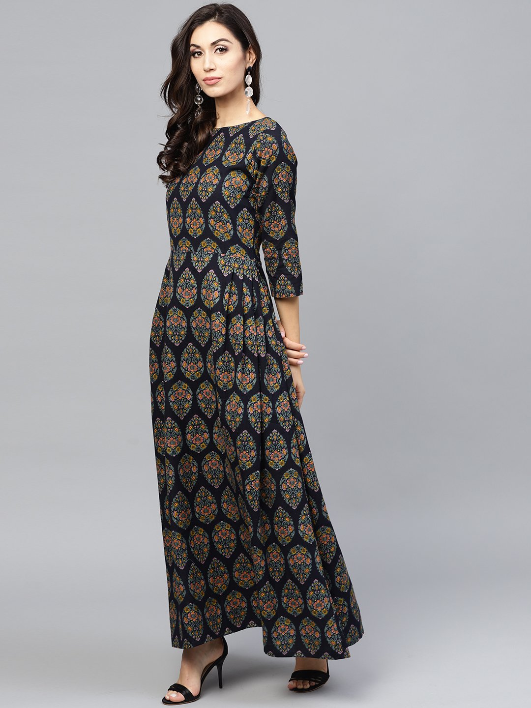 Multi Coloured Maxi Dress With Round Neck And 3/4 Sleeves | LASVINI - Redefining Indian Fashion with Elegance
