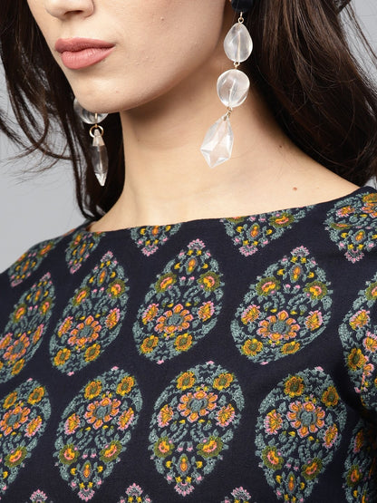 Multi Coloured Maxi Dress With Round Neck And 3/4 Sleeves | LASVINI - Redefining Indian Fashion with Elegance