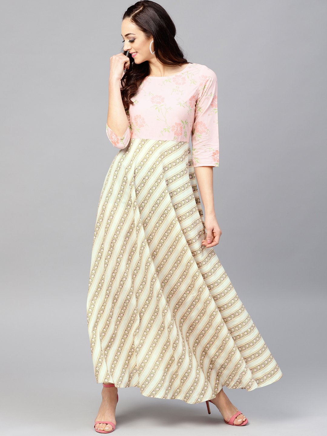 Multi Colored Maxi Dress With Round Neck And 3/4 Sleeves | LASVINI - Redefining Indian Fashion with Elegance