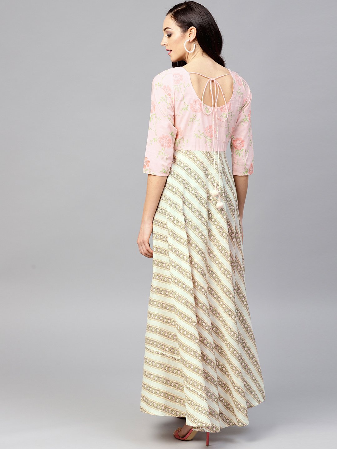 Multi Colored Maxi Dress With Round Neck And 3/4 Sleeves | LASVINI - Redefining Indian Fashion with Elegance