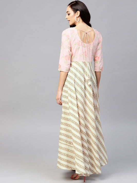 Multi Colored Maxi Dress With Round Neck And 3/4 Sleeves | LASVINI - Redefining Indian Fashion with Elegance