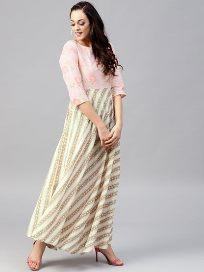 Multi Colored Maxi Dress With Round Neck And 3/4 Sleeves | LASVINI - Redefining Indian Fashion with Elegance
