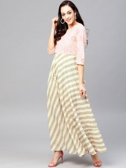 Multi Colored Maxi Dress With Round Neck And 3/4 Sleeves | LASVINI - Redefining Indian Fashion with Elegance