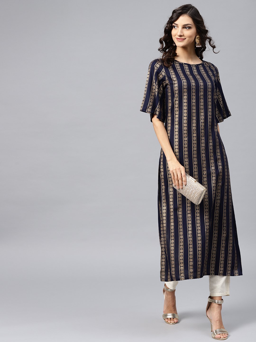 Geometric Printed Navy Blue Kurta With Round Neck And Half Sleeves | LASVINI - Redefining Indian Fashion with Elegance