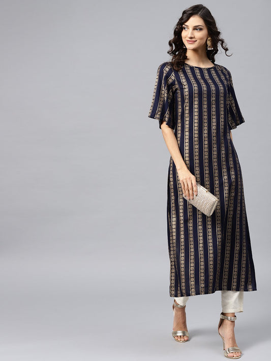 Geometric Printed Navy Blue Kurta With Round Neck And Half Sleeves | LASVINI - Redefining Indian Fashion with Elegance
