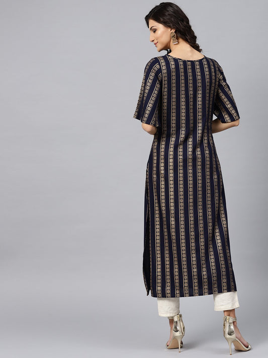 Geometric Printed Navy Blue Kurta With Round Neck And Half Sleeves | LASVINI - Redefining Indian Fashion with Elegance