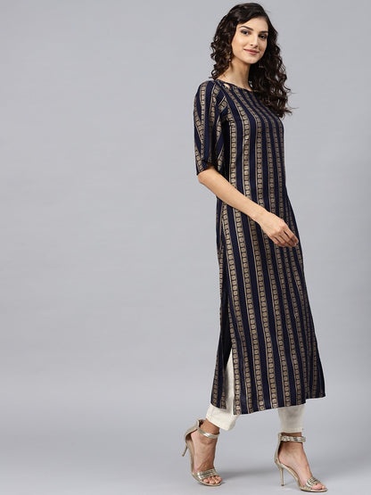 Geometric Printed Navy Blue Kurta With Round Neck And Half Sleeves | LASVINI - Redefining Indian Fashion with Elegance