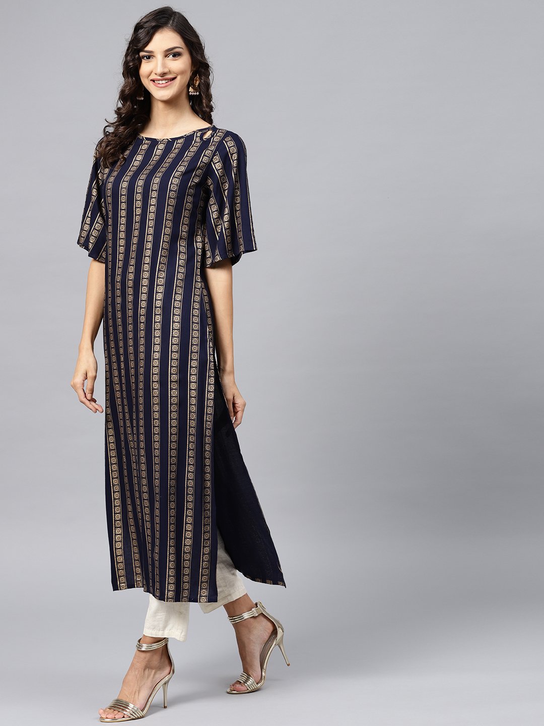 Geometric Printed Navy Blue Kurta With Round Neck And Half Sleeves | LASVINI - Redefining Indian Fashion with Elegance
