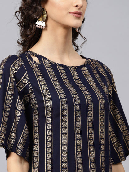Geometric Printed Navy Blue Kurta With Round Neck And Half Sleeves | LASVINI - Redefining Indian Fashion with Elegance