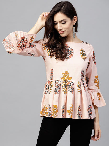 Peach Printed Top With Round Neck And 3/4 Sleeves | LASVINI - Redefining Indian Fashion with Elegance