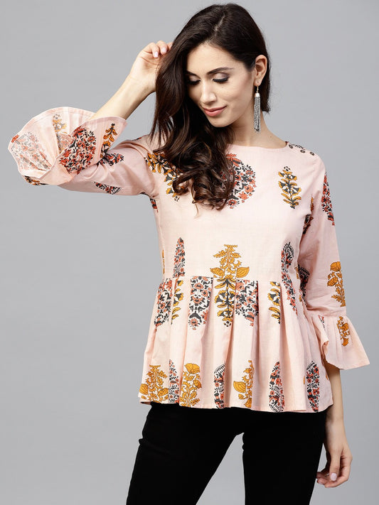 Peach Printed Top With Round Neck And 3/4 Sleeves | LASVINI - Redefining Indian Fashion with Elegance