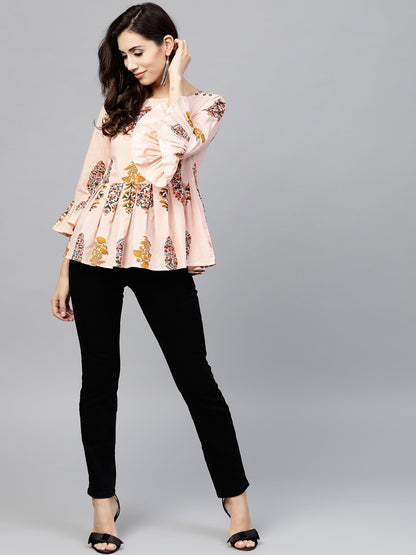 Peach Printed Top With Round Neck And 3/4 Sleeves | LASVINI - Redefining Indian Fashion with Elegance