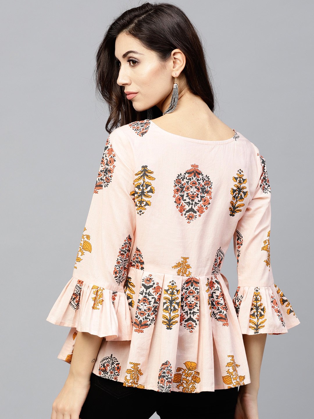 Peach Printed Top With Round Neck And 3/4 Sleeves | LASVINI - Redefining Indian Fashion with Elegance