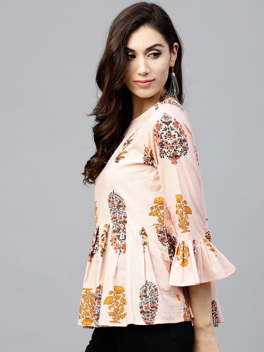 Peach Printed Top With Round Neck And 3/4 Sleeves | LASVINI - Redefining Indian Fashion with Elegance