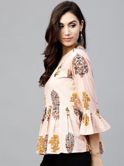 Peach Printed Top With Round Neck And 3/4 Sleeves | LASVINI - Redefining Indian Fashion with Elegance