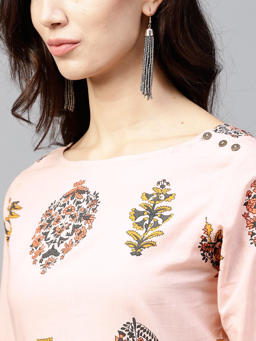 Peach Printed Top With Round Neck And 3/4 Sleeves | LASVINI - Redefining Indian Fashion with Elegance