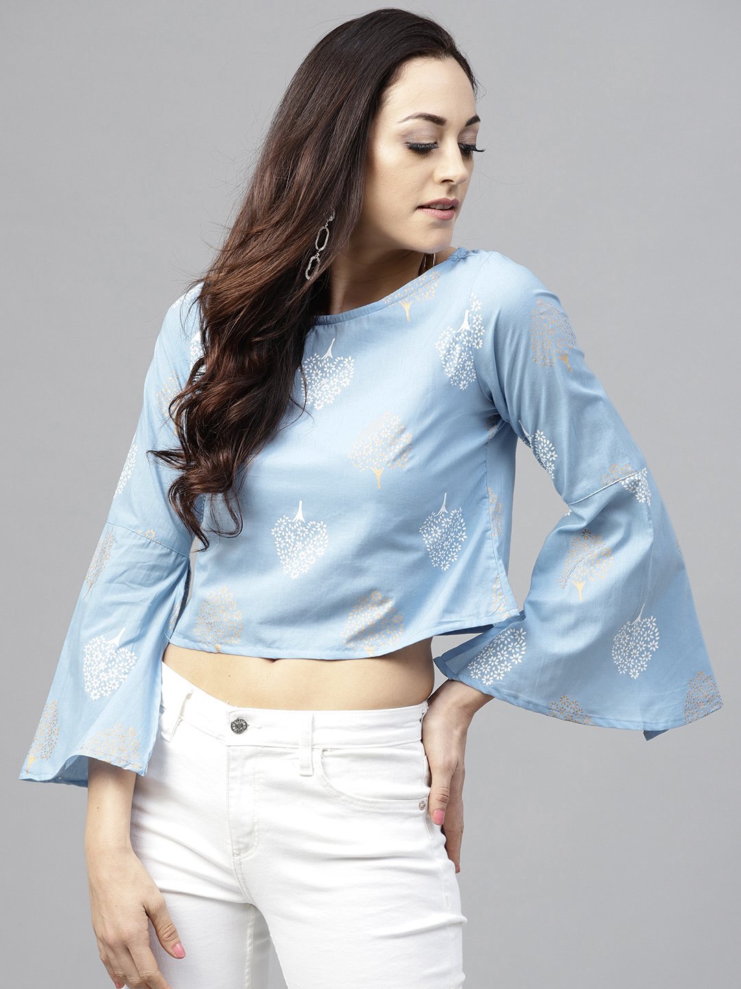 Blue Printed Crop Top With Round Neck And 3/4 Sleeves | LASVINI - Redefining Indian Fashion with Elegance