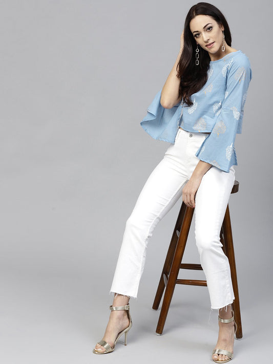 Blue Printed Crop Top With Round Neck And 3/4 Sleeves | LASVINI - Redefining Indian Fashion with Elegance