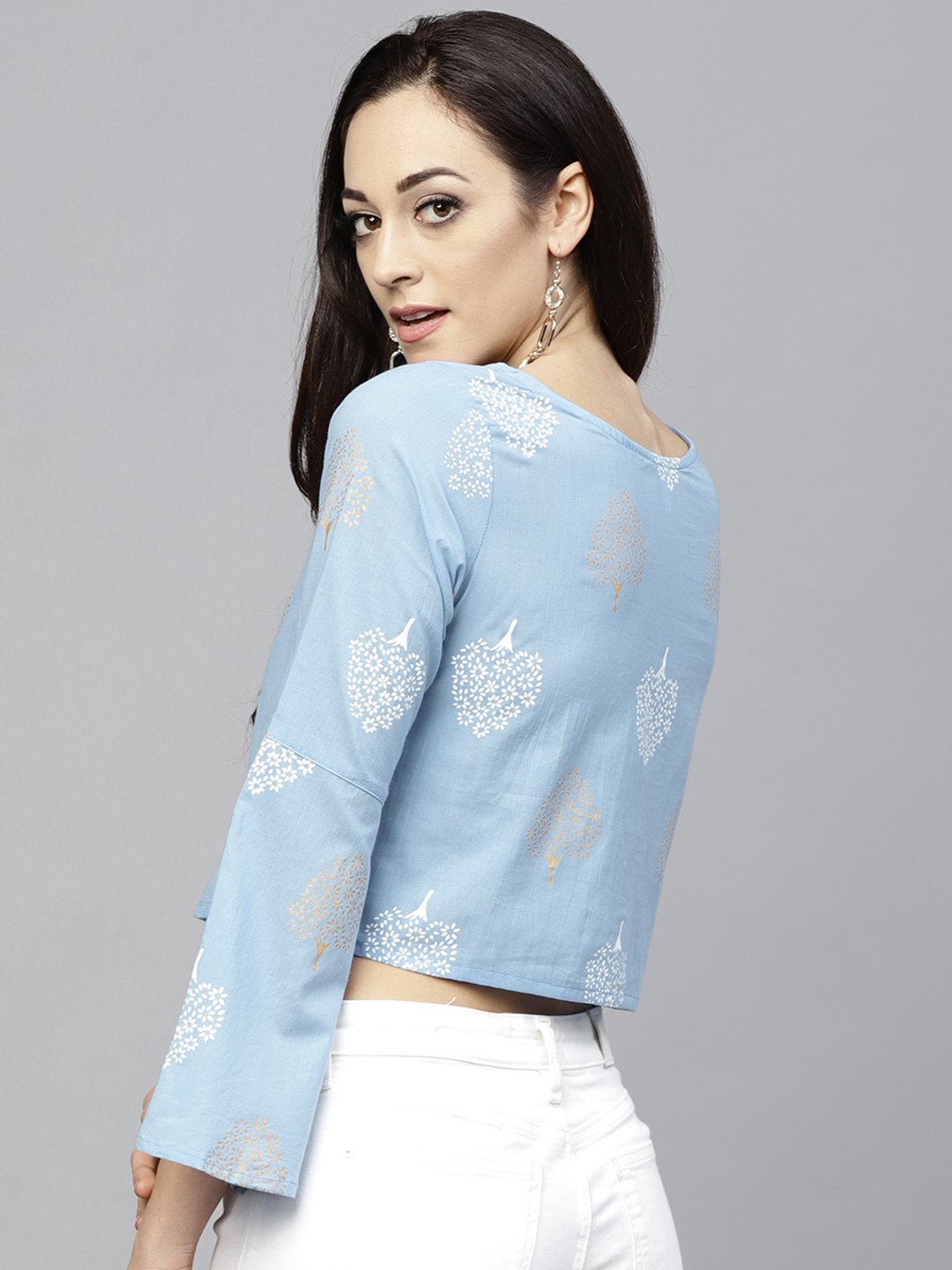 Blue Printed Crop Top With Round Neck And 3/4 Sleeves | LASVINI - Redefining Indian Fashion with Elegance