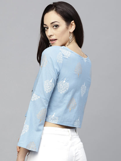 Blue Printed Crop Top With Round Neck And 3/4 Sleeves | LASVINI - Redefining Indian Fashion with Elegance