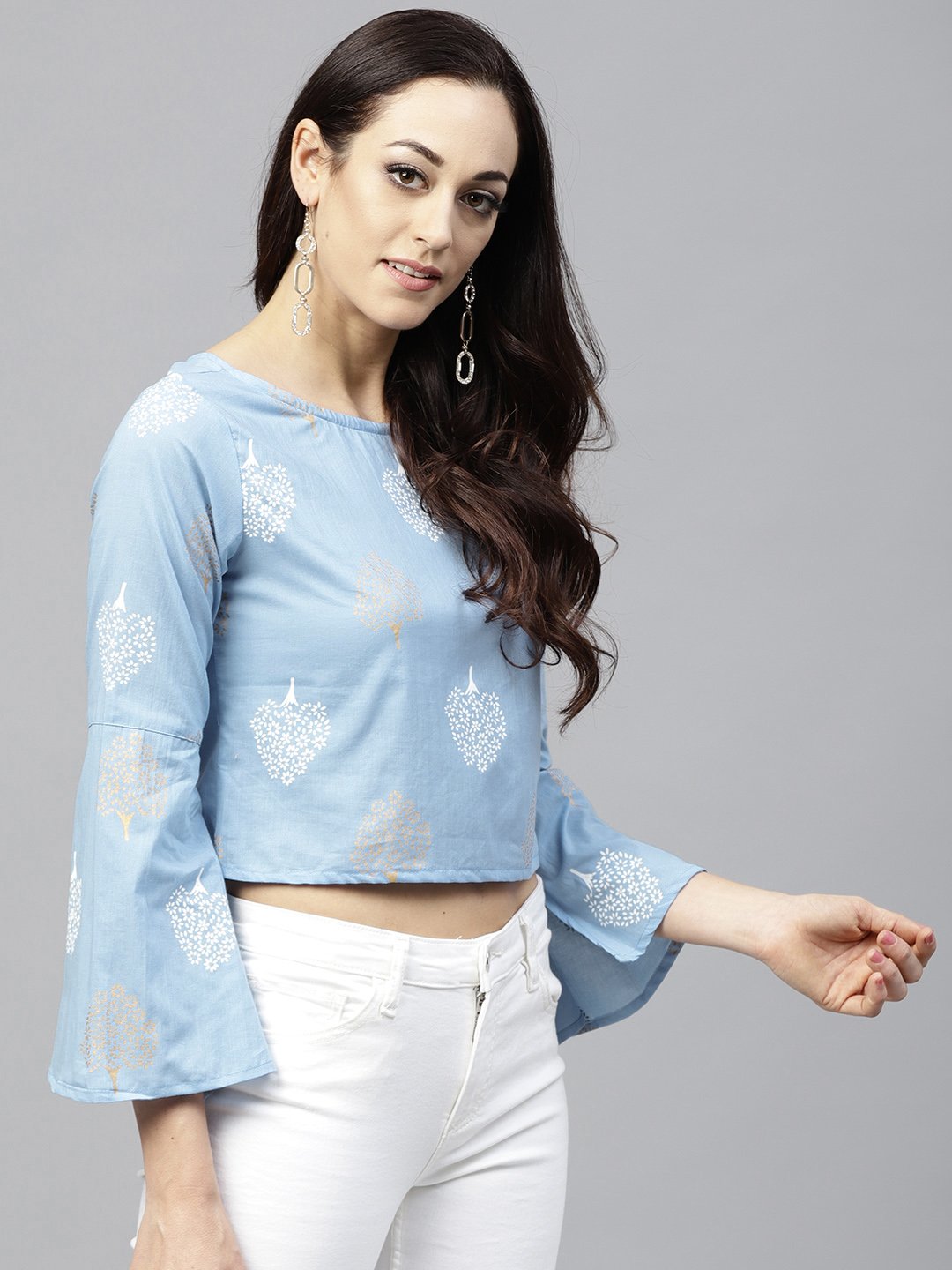 Blue Printed Crop Top With Round Neck And 3/4 Sleeves | LASVINI - Redefining Indian Fashion with Elegance