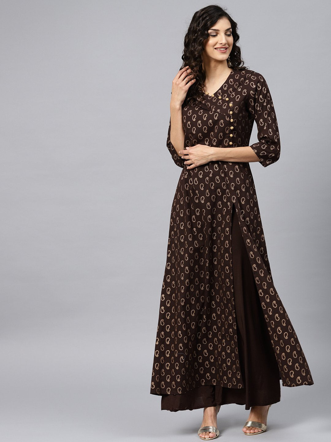 Dark Brown Printed Kurta With V-Neck And 3/4 Sleeves | LASVINI - Redefining Indian Fashion with Elegance