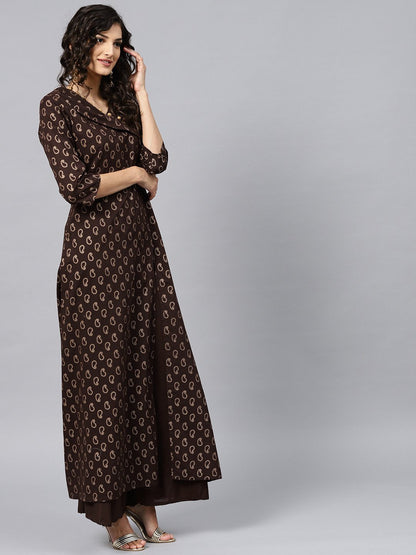 Dark Brown Printed Kurta With V-Neck And 3/4 Sleeves | LASVINI - Redefining Indian Fashion with Elegance