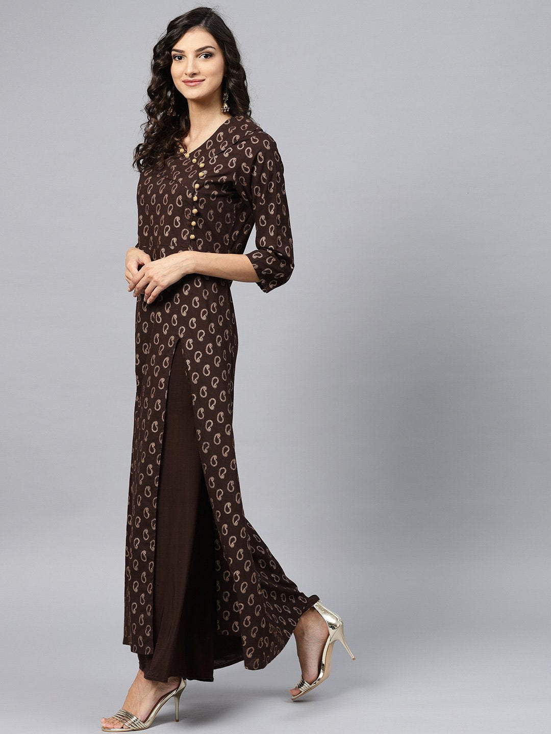 Dark Brown Printed Kurta With V-Neck And 3/4 Sleeves | LASVINI - Redefining Indian Fashion with Elegance