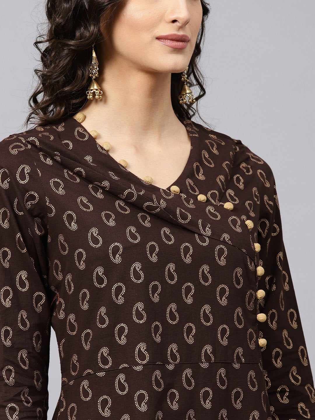 Dark Brown Printed Kurta With V-Neck And 3/4 Sleeves | LASVINI - Redefining Indian Fashion with Elegance