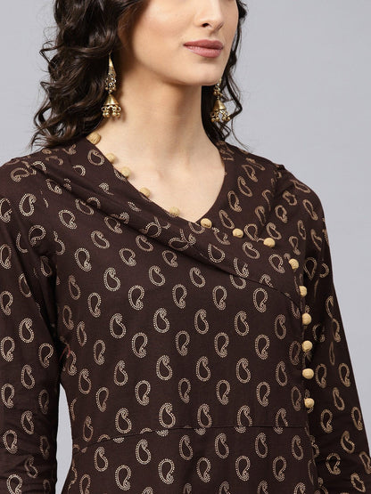 Dark Brown Printed Kurta With V-Neck And 3/4 Sleeves | LASVINI - Redefining Indian Fashion with Elegance
