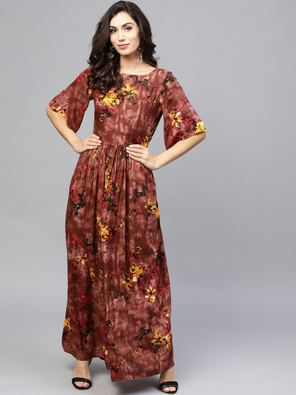 Brown Printed Maxi Dress With Round Neck And Flared Sleeves | LASVINI - Redefining Indian Fashion with Elegance