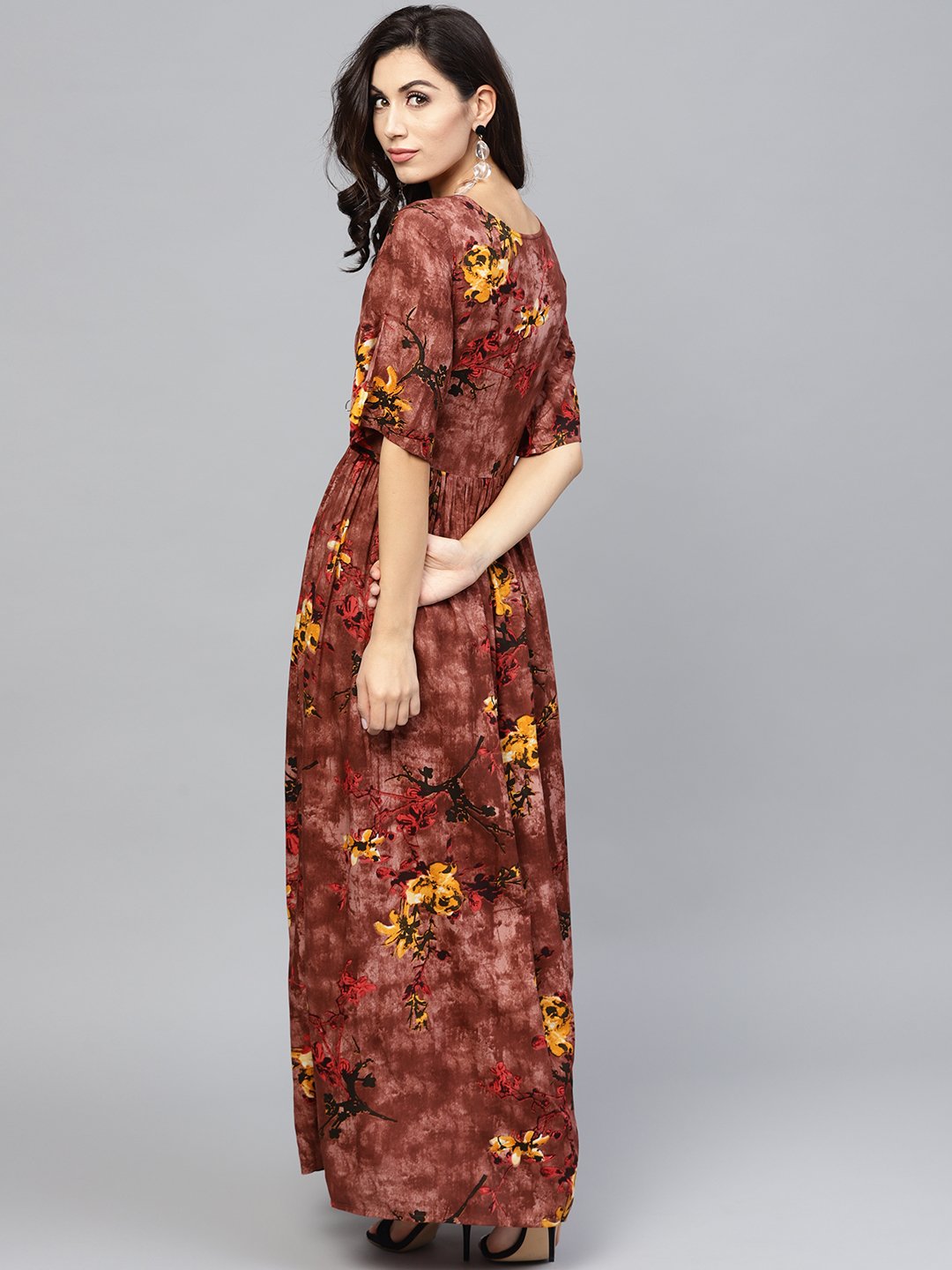 Brown Printed Maxi Dress With Round Neck And Flared Sleeves | LASVINI - Redefining Indian Fashion with Elegance