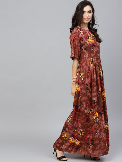 Brown Printed Maxi Dress With Round Neck And Flared Sleeves | LASVINI - Redefining Indian Fashion with Elegance
