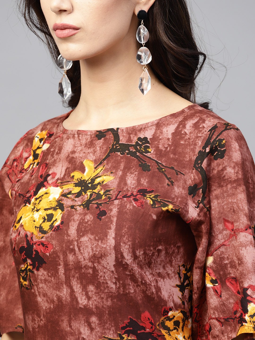 Brown Printed Maxi Dress With Round Neck And Flared Sleeves | LASVINI - Redefining Indian Fashion with Elegance