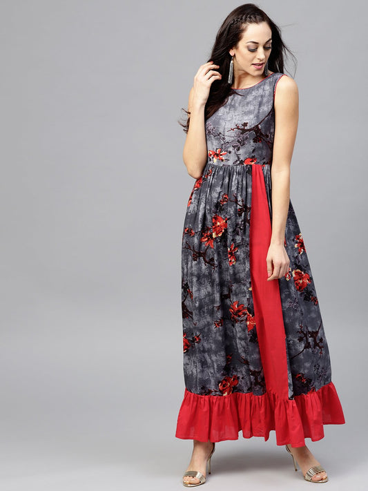 Grey Blue Sleeveless Printed Dress With Round Neck | LASVINI - Redefining Indian Fashion with Elegance