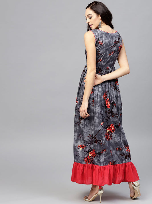Grey Blue Sleeveless Printed Dress With Round Neck | LASVINI - Redefining Indian Fashion with Elegance