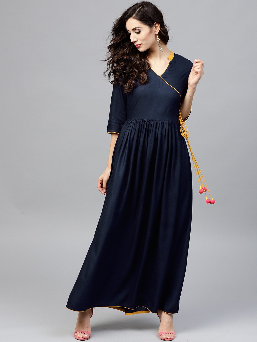 Navy Blue Angrakha Dress With Madarin Collar And 3/4 Sleeves | LASVINI - Redefining Indian Fashion with Elegance
