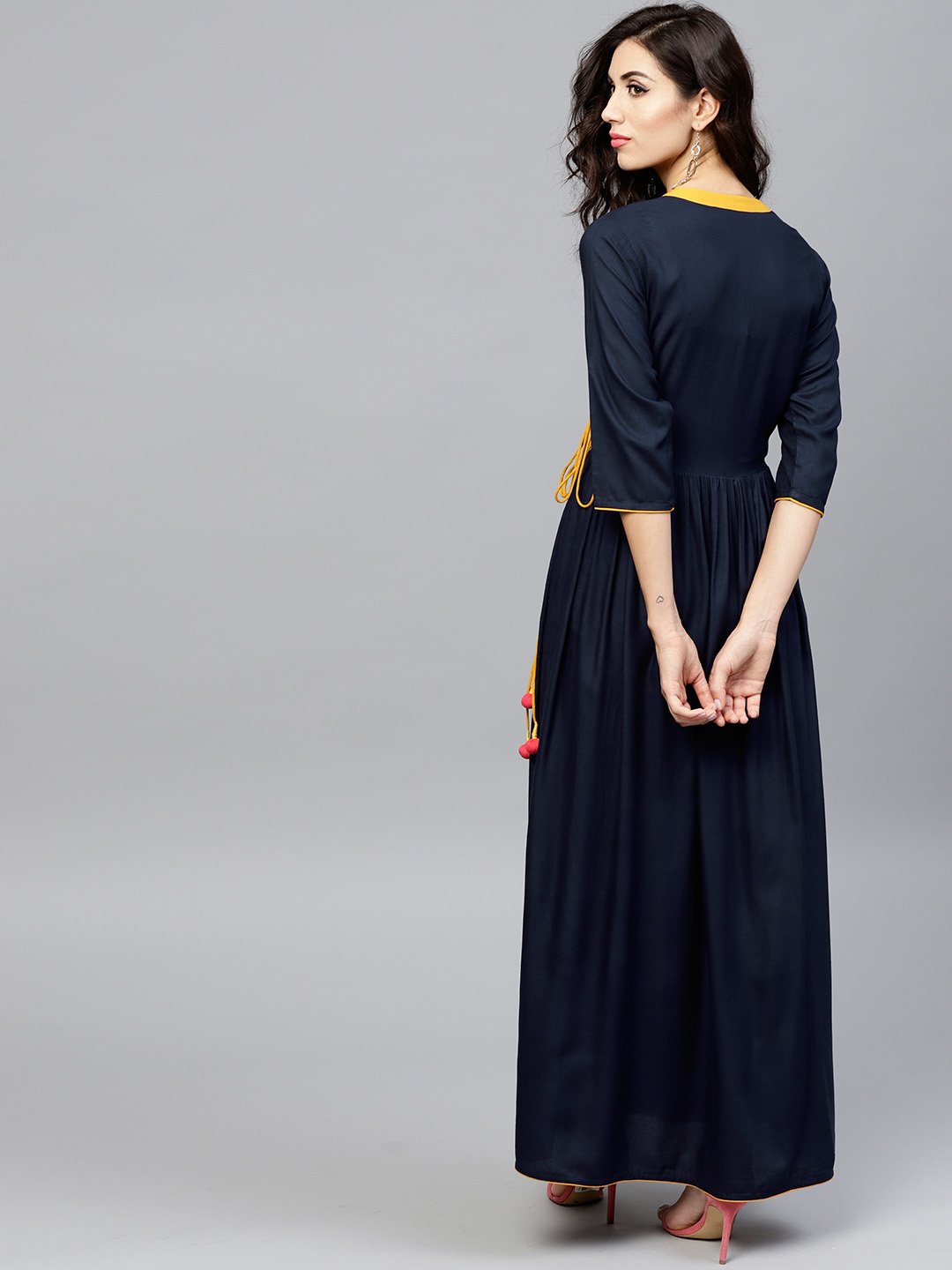 Navy Blue Angrakha Dress With Madarin Collar And 3/4 Sleeves | LASVINI - Redefining Indian Fashion with Elegance
