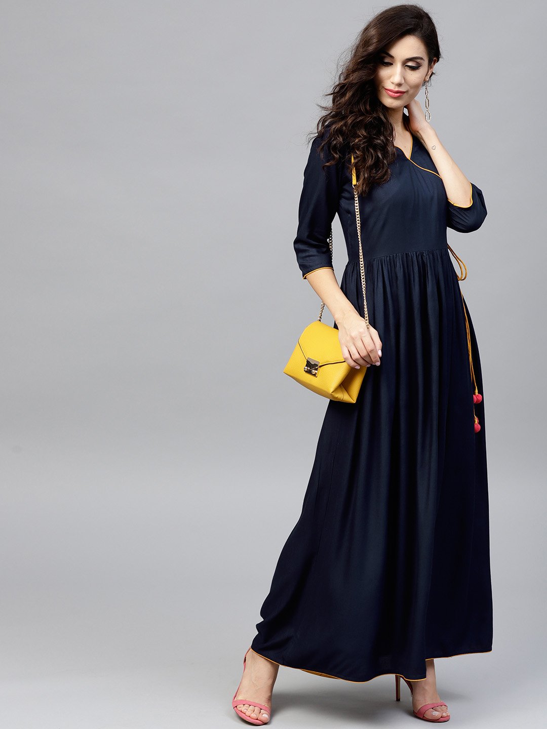 Navy Blue Angrakha Dress With Madarin Collar And 3/4 Sleeves | LASVINI - Redefining Indian Fashion with Elegance