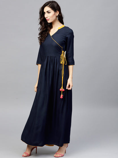 Navy Blue Angrakha Dress With Madarin Collar And 3/4 Sleeves | LASVINI - Redefining Indian Fashion with Elegance