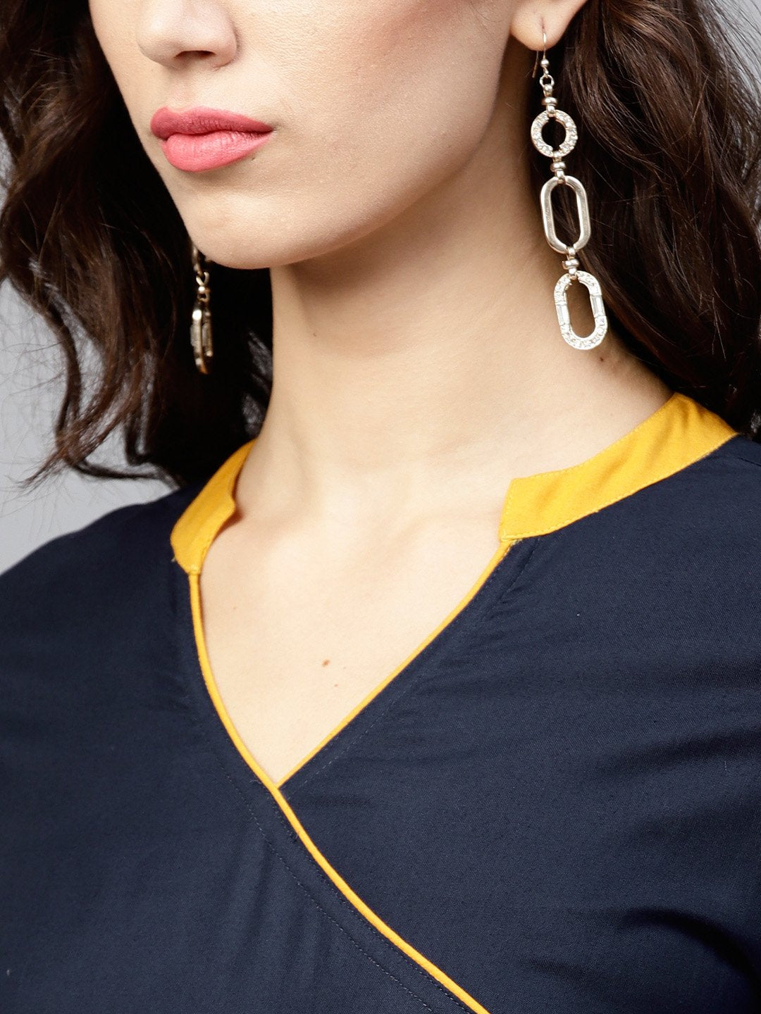 Navy Blue Angrakha Dress With Madarin Collar And 3/4 Sleeves | LASVINI - Redefining Indian Fashion with Elegance