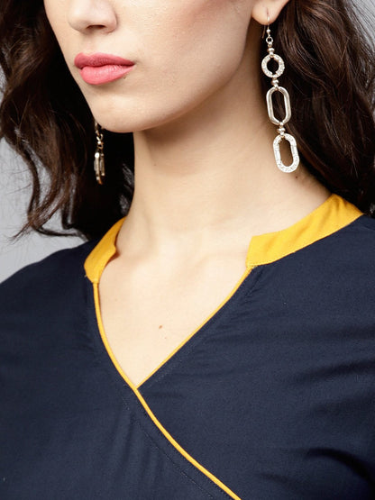 Navy Blue Angrakha Dress With Madarin Collar And 3/4 Sleeves | LASVINI - Redefining Indian Fashion with Elegance